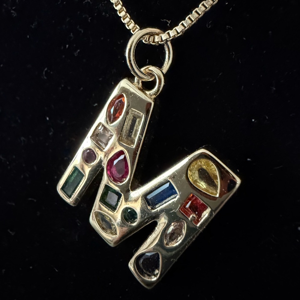 Gold Multicolor Jeweled Pendant Necklace Letter M